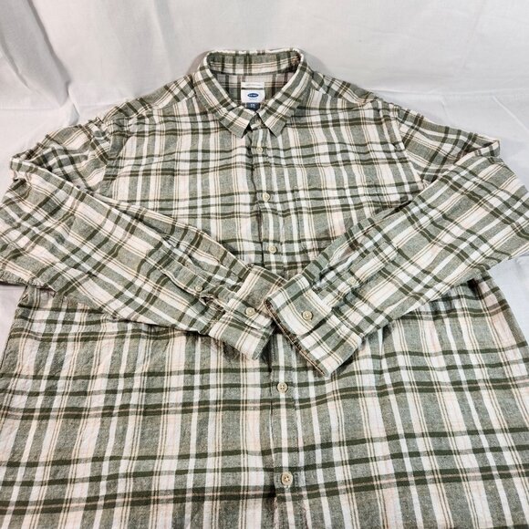 Old Navy Men's XXL Button Up Slim Fit Plaid Linen Cotton Green White Pocket VG - Picture 11 of 11